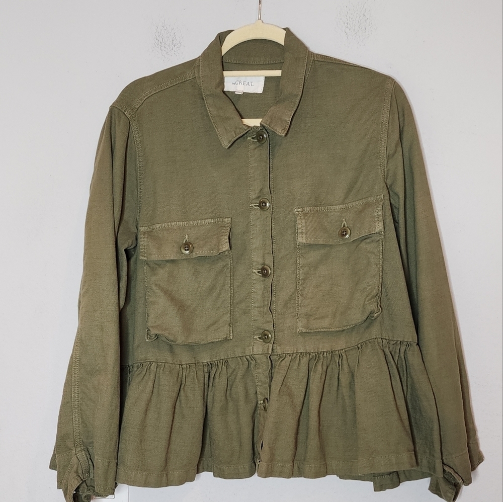 THE GREAT. Linen Blend The Flutter Green Army Button Peplum Jacket Size 2 Medium